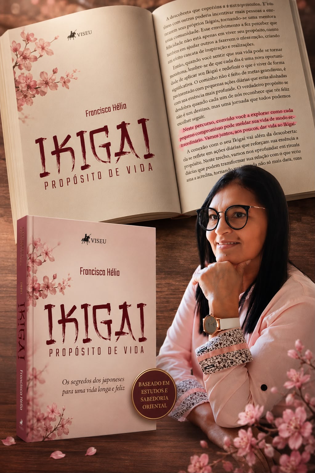 Francisca Hélia ao lado do livro Ikigai: Propósito de Vida